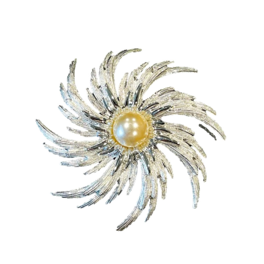 𝅺60s Sarah Coventry Swirl Brooch "Book Piece" Hurricane Simulated Pearl Rhodium
